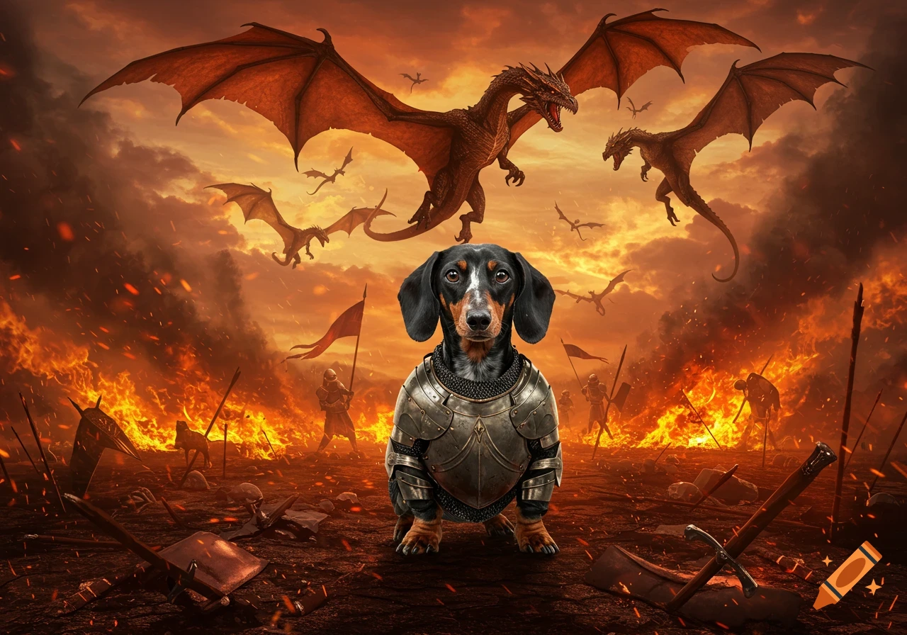 A brave dachshund in shining medieval armor stands on a scorched battlefield with dragons and knights in the fiery background.