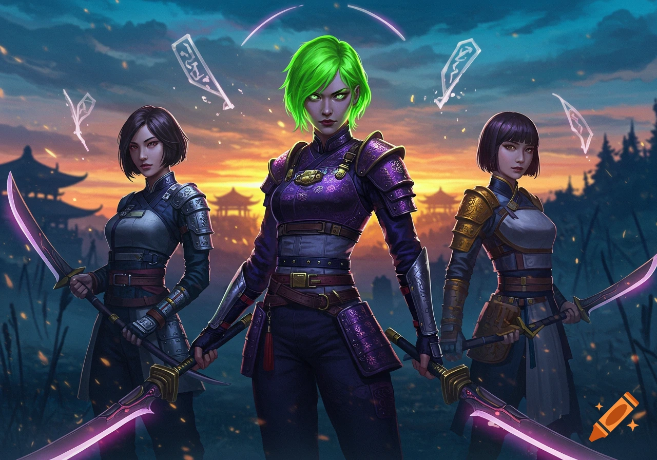 Three female warriors in armor hold glowing swords against a sunset with Asian temples.