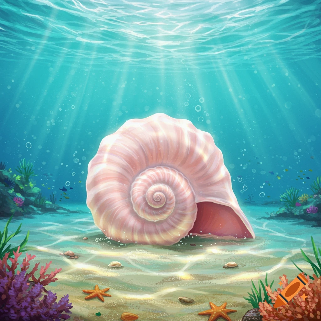 A large pink seashell rests on the sandy ocean floor, surrounded by vibrant coral and starfish, bathed in sun rays filtering through blue water.