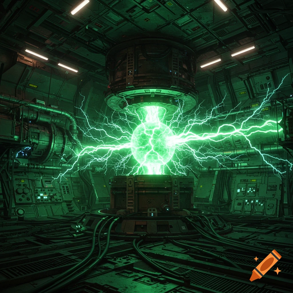 A dark, green-lit futuristic chamber houses a powerful reactor emitting bright green electricity from its core.