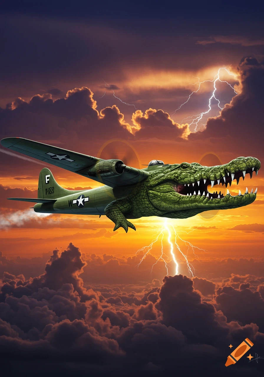 A military bomber airplane with a crocodile head for its nose flies through a dramatic, lightning-filled sunset sky.