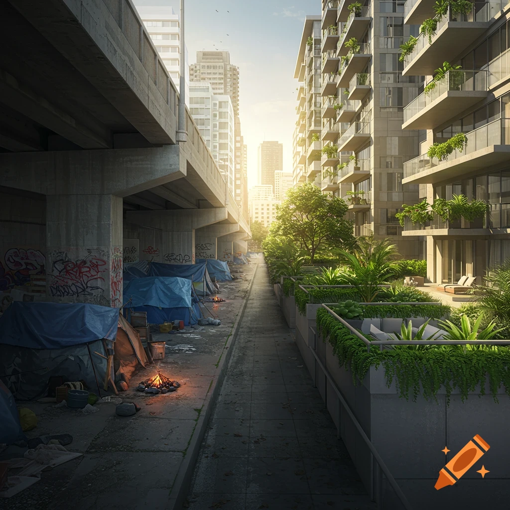 City scene contrasting a homeless encampment under an overpass with lush luxury apartments in sunlight.