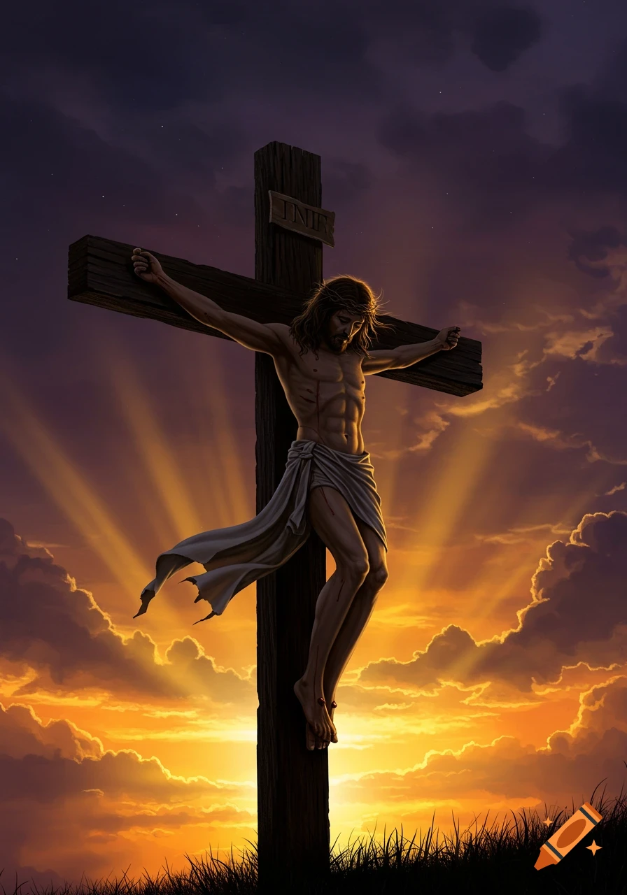 Jesus Christ is crucified on a wooden cross against a dramatic sunset sky with rays of light and clouds.