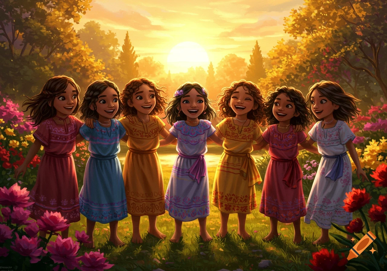 Seven cartoon girls with dark hair and colorful dresses stand arm-in-arm in a vibrant garden at sunset.