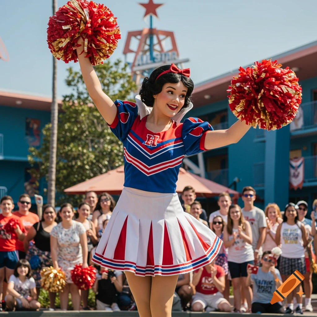 Snow White in a red and blue cheerleader outfit with pom-poms poses outdoors at Disney's All-Star Sports Resort before a crowd.