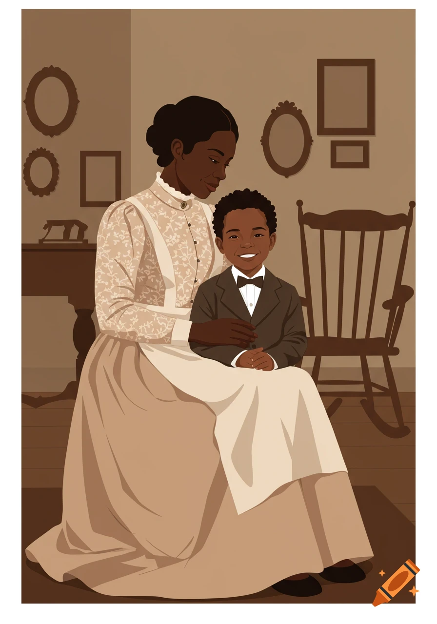 An illustration of an African American woman in a historical dress with a young African American boy on her lap, sitting in a room.