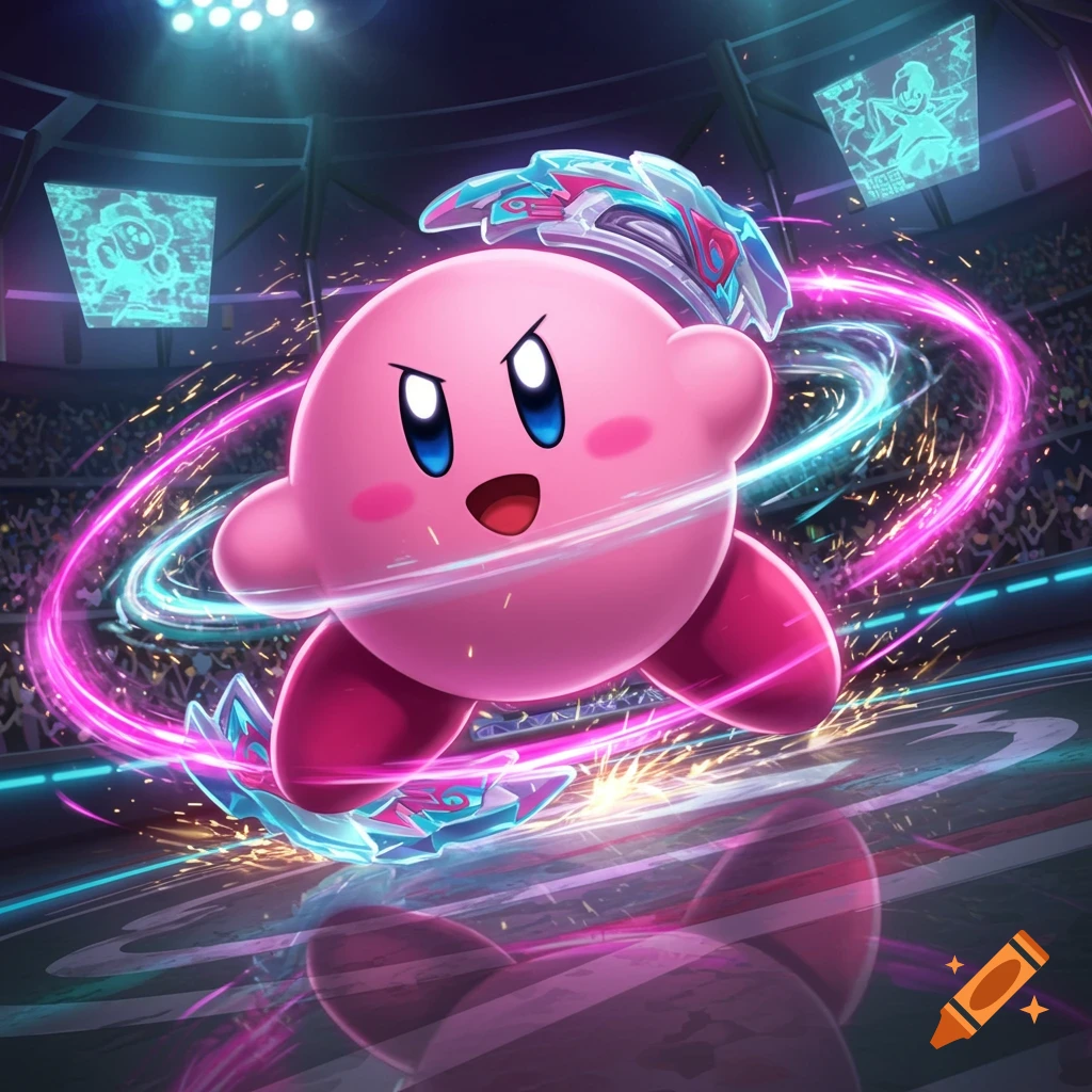 Kirby as a Beyblade, surrounded by swirling pink and blue energy in a stadium.