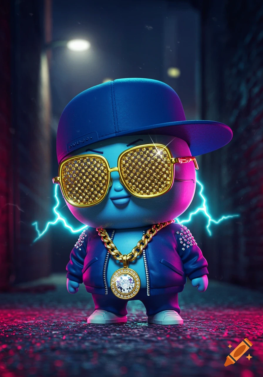 A blue, stylized character with a blue cap and gold sunglasses, wearing a gold chain and blue jacket, standing in a neon-lit alley with lightning.