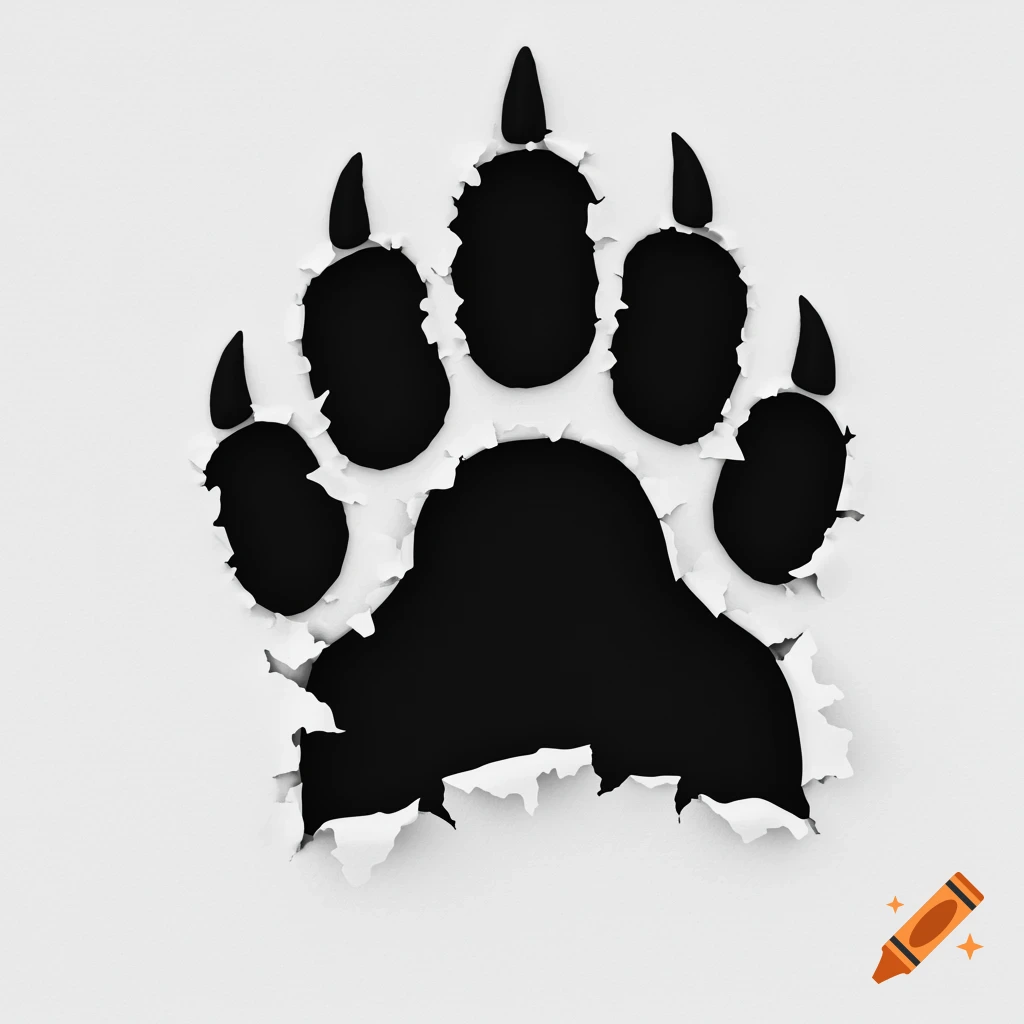 A black paw print rips through a white background, creating a torn paper effect.