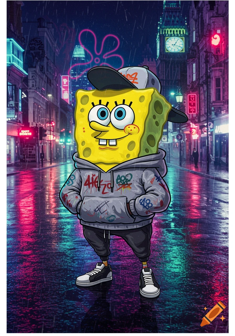 Spongebob Squarepants dressed as a UK roadman, wearing a grey hoodie and a cap, standing on a rainy city street at night with neon lights and Big Ben in the background.