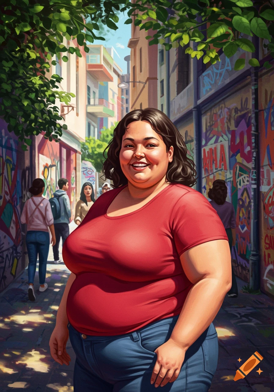 An illustrated portrait of a smiling, full-figured woman in a red shirt and blue jeans, standing in a graffiti-covered alley with people in the background.