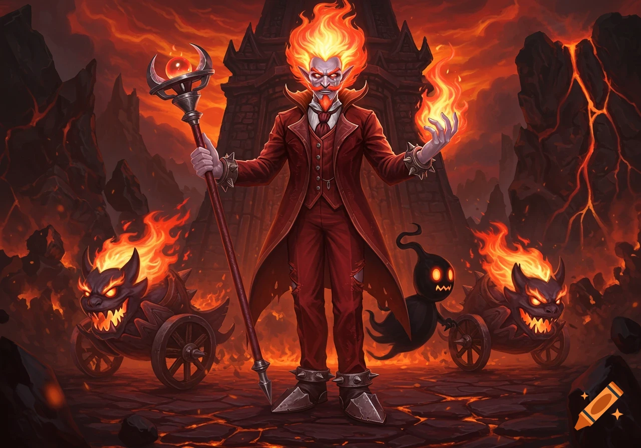 Stylized illustration of a fiery demon-like character in a red suit with a staff, in a volcanic landscape with fiery chariots.
