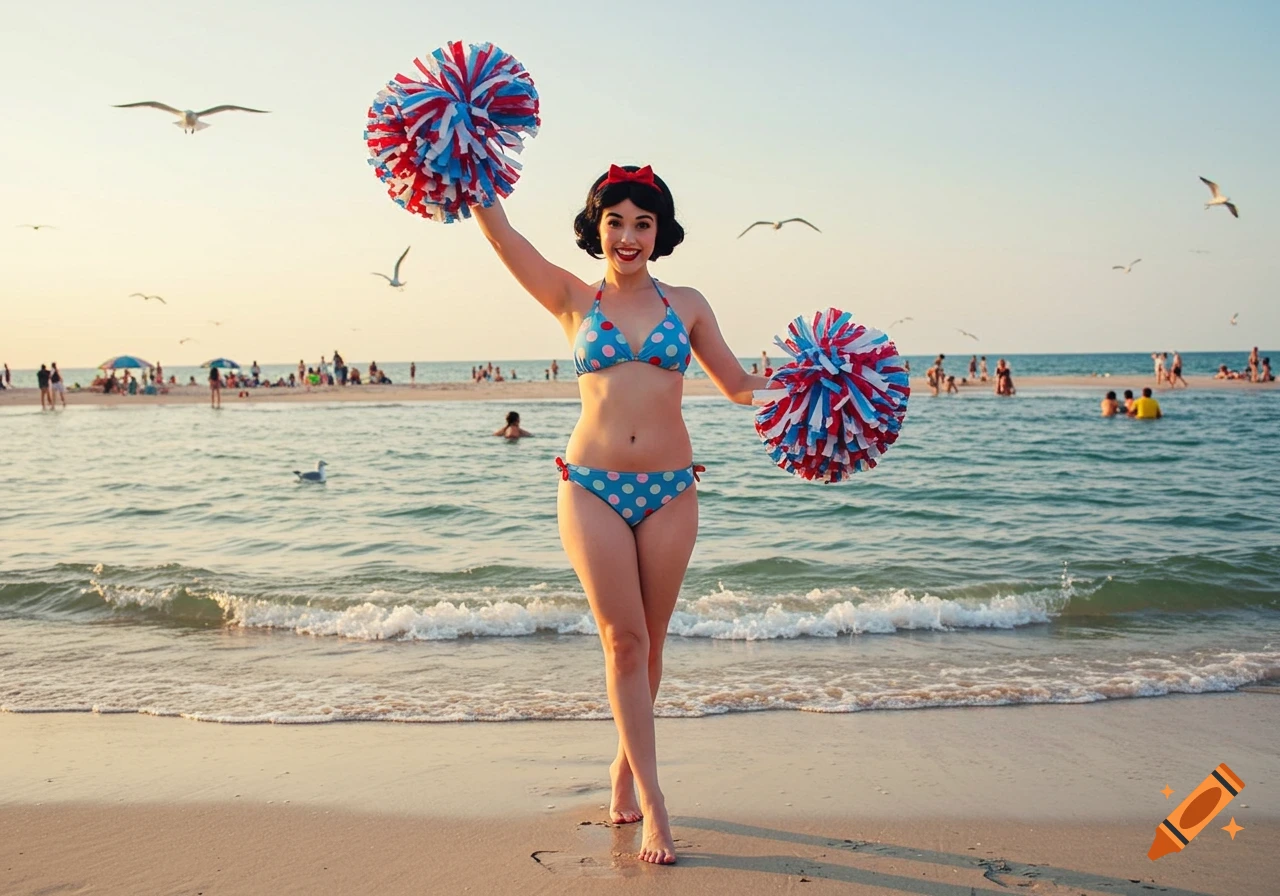 A woman resembling Snow White in a blue polka-dot bikini holding red, white, and blue pom-poms on a sandy beach with water and people in the background.