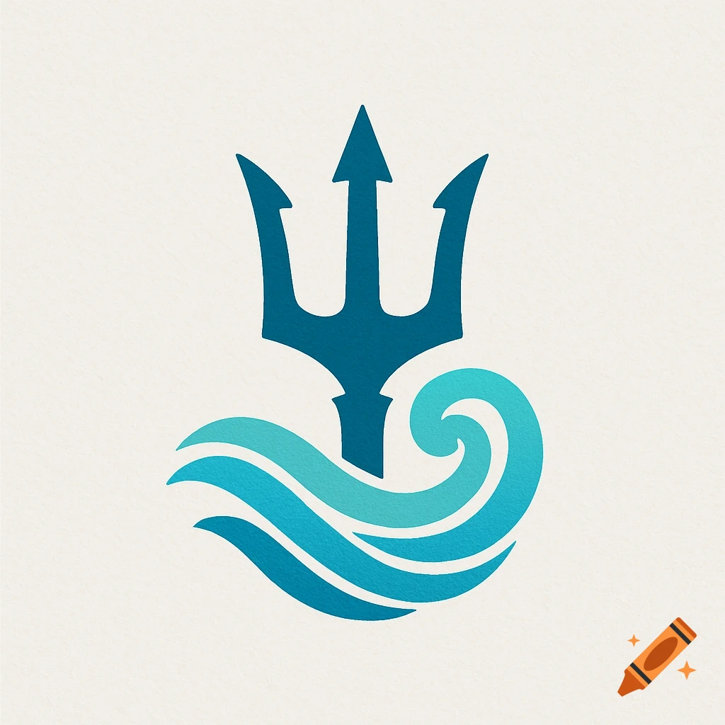 A blue stylized logo featuring a trident emerging from light blue ocean waves on a light background.