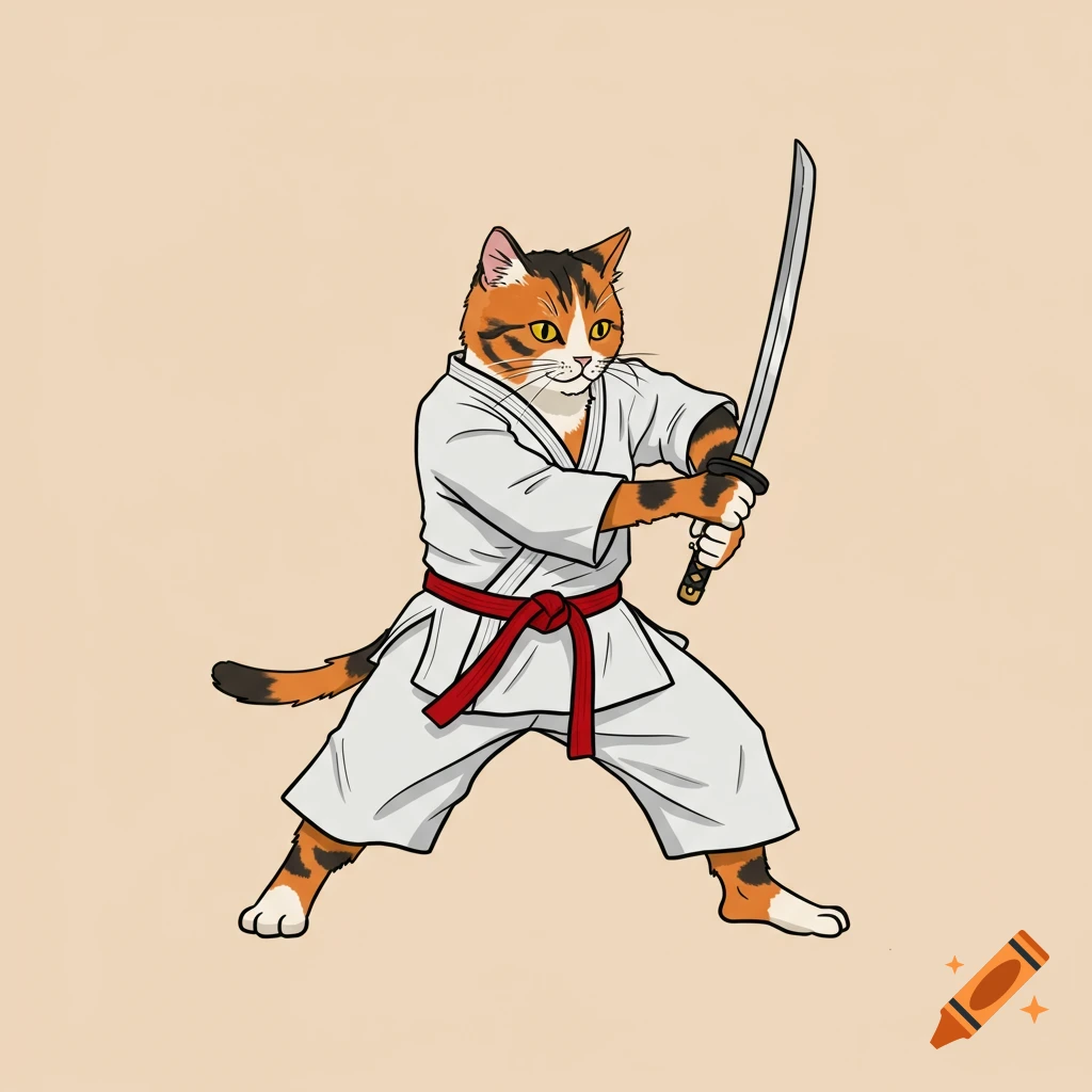 A calico cat in a white karate gi with a red belt wields a silver katana on a plain background.