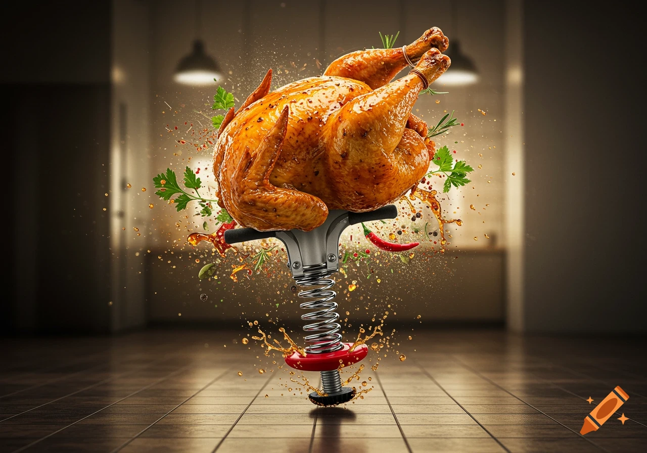 A golden-brown roasted chicken bounces on a pogo stick, surrounded by flying spices, herbs, and liquid splashes in a kitchen setting. Photorealistic.