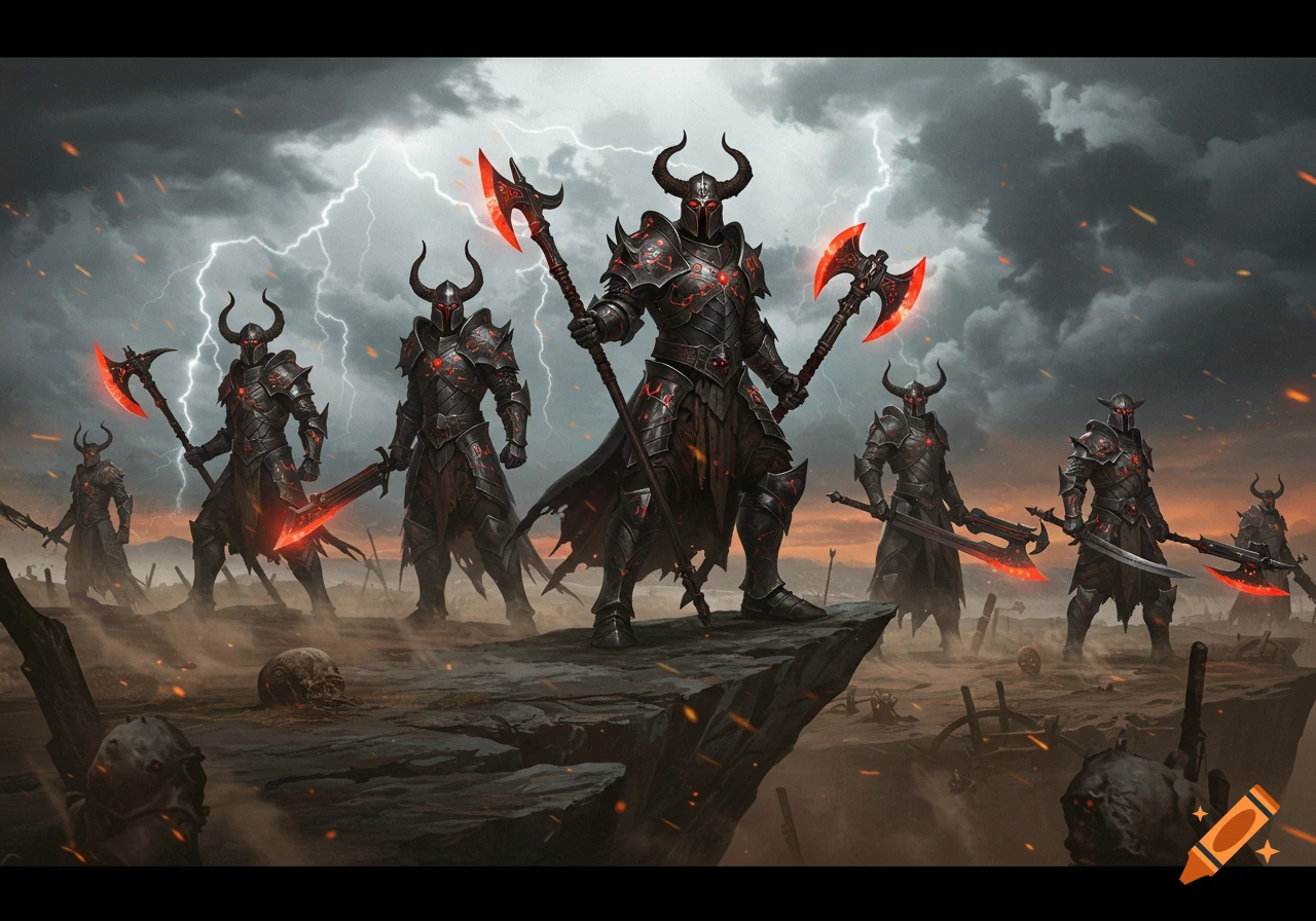 A group of heavily armored warriors with glowing red axes stand on a rocky outcrop under a stormy sky with lightning, surrounded by debris and skulls.