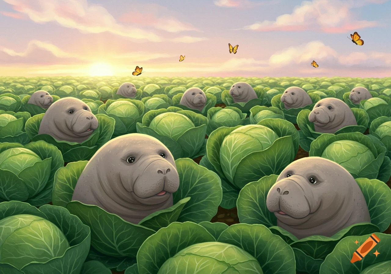 Manatee heads emerging from a field of green cabbages at sunset with butterflies flying above.