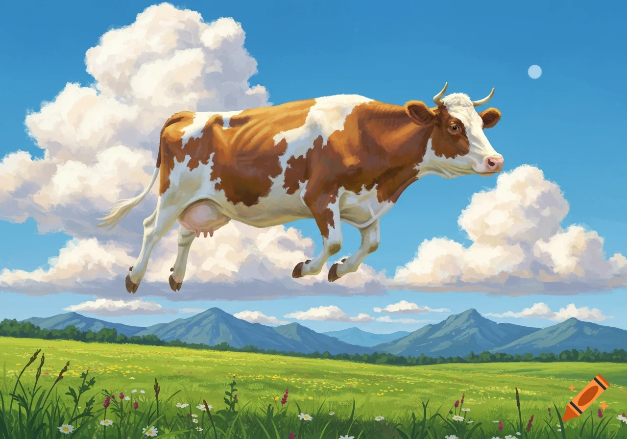 A brown and white cow floats in a bright blue sky with white clouds above a green field and distant mountains, in a whimsical illustration.