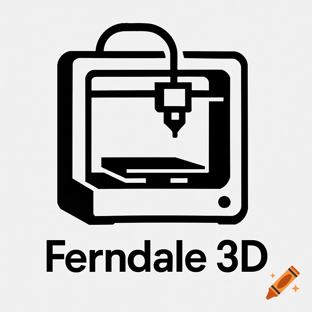 Black and white logo of a stylized 3D printer above the text "Ferndale 3D".