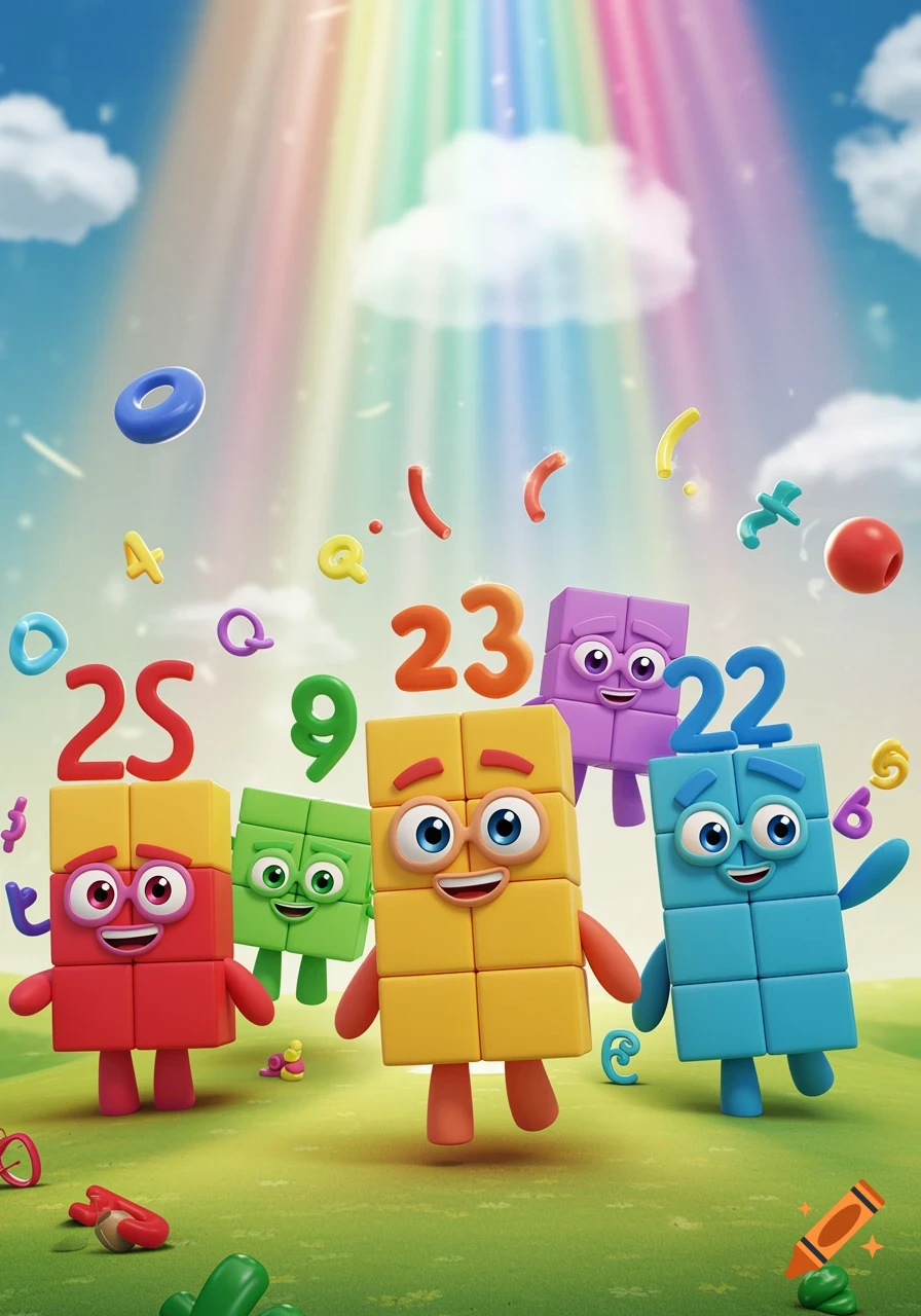 Colorful cartoon block characters representing numbers stand on green grass under a rainbow sky with floating numbers and letters.