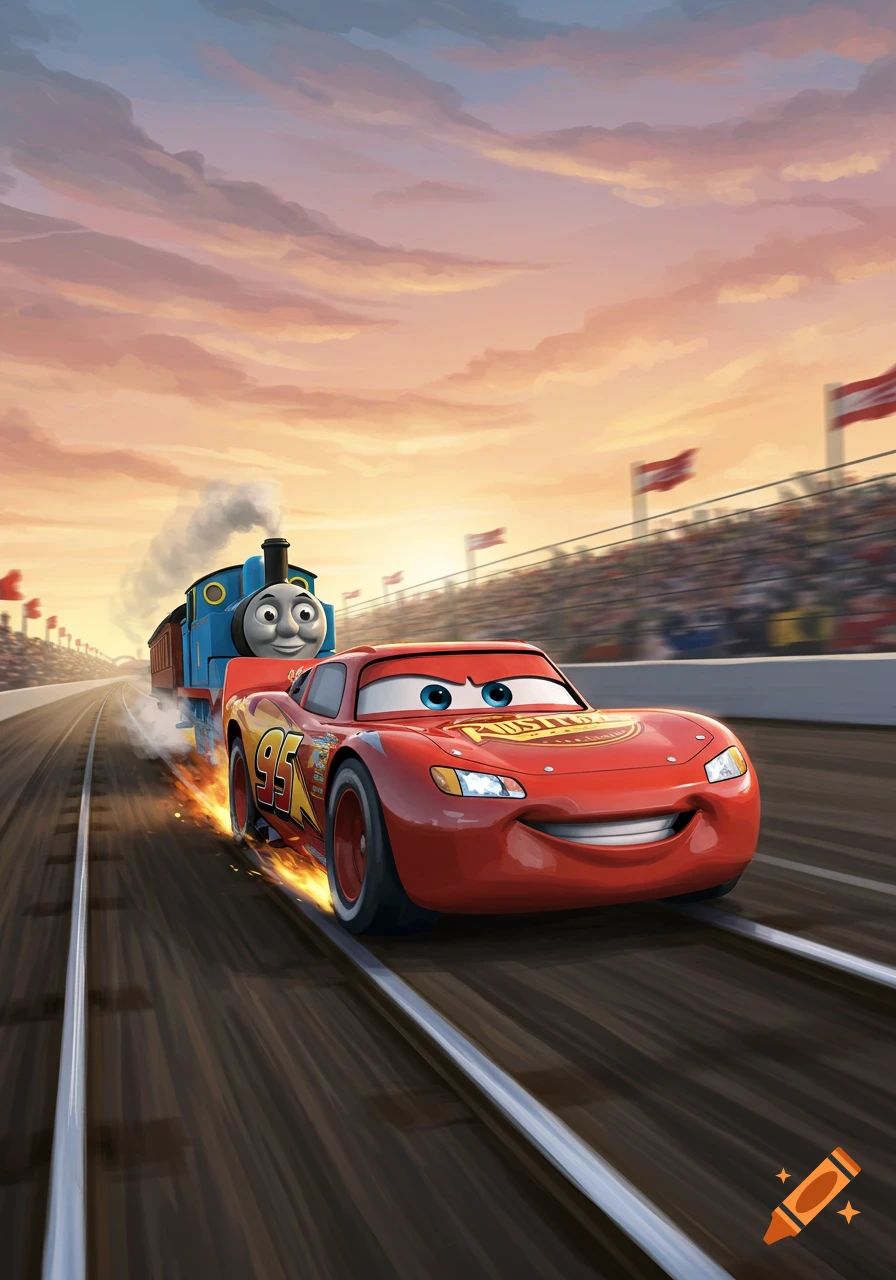 Lightning McQueen and Thomas the Tank Engine race on a track with crowds, set against a sunset sky.