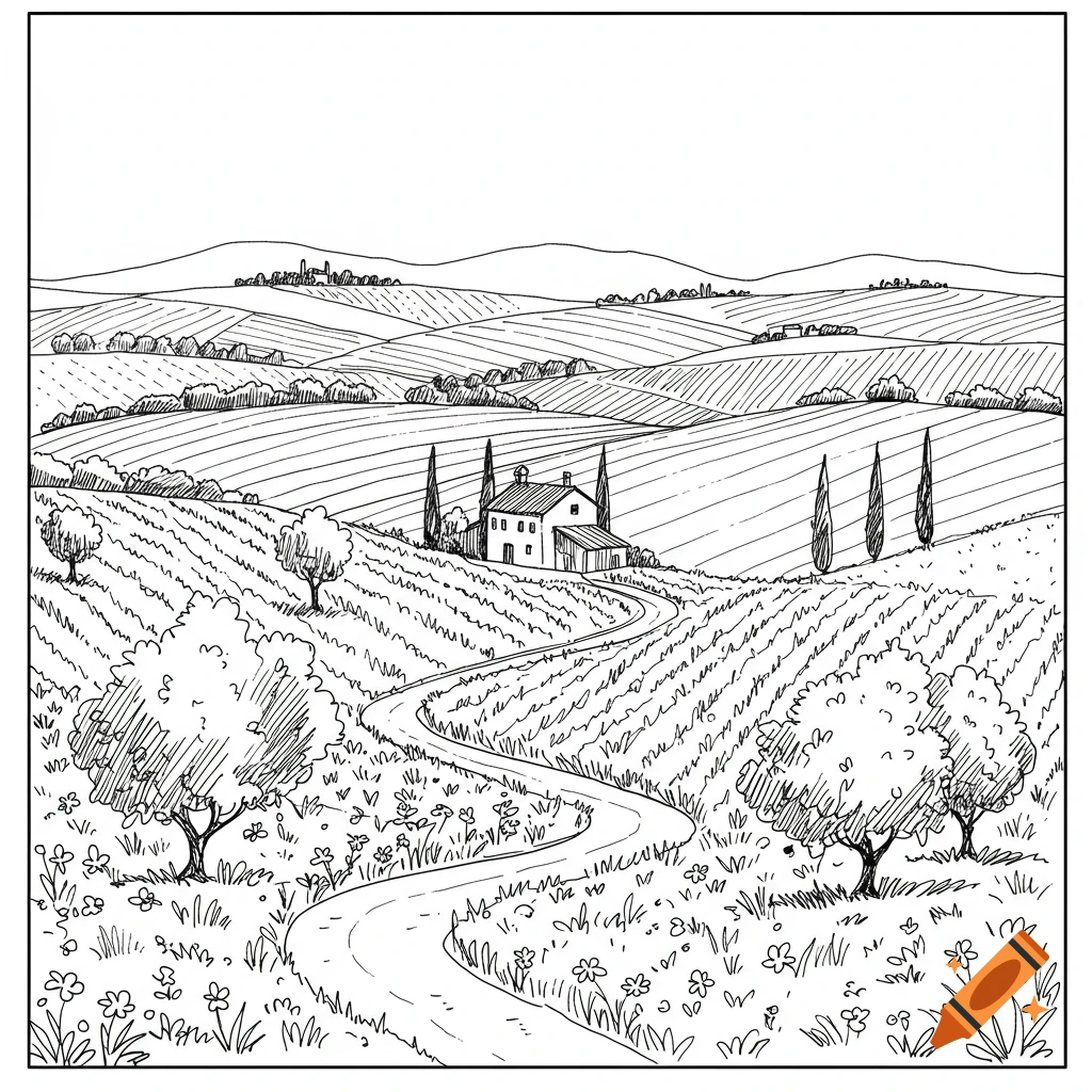 Black and white line drawing of an Italian countryside with rolling hills, a winding path, a farmhouse, olive trees, and wildflowers.
