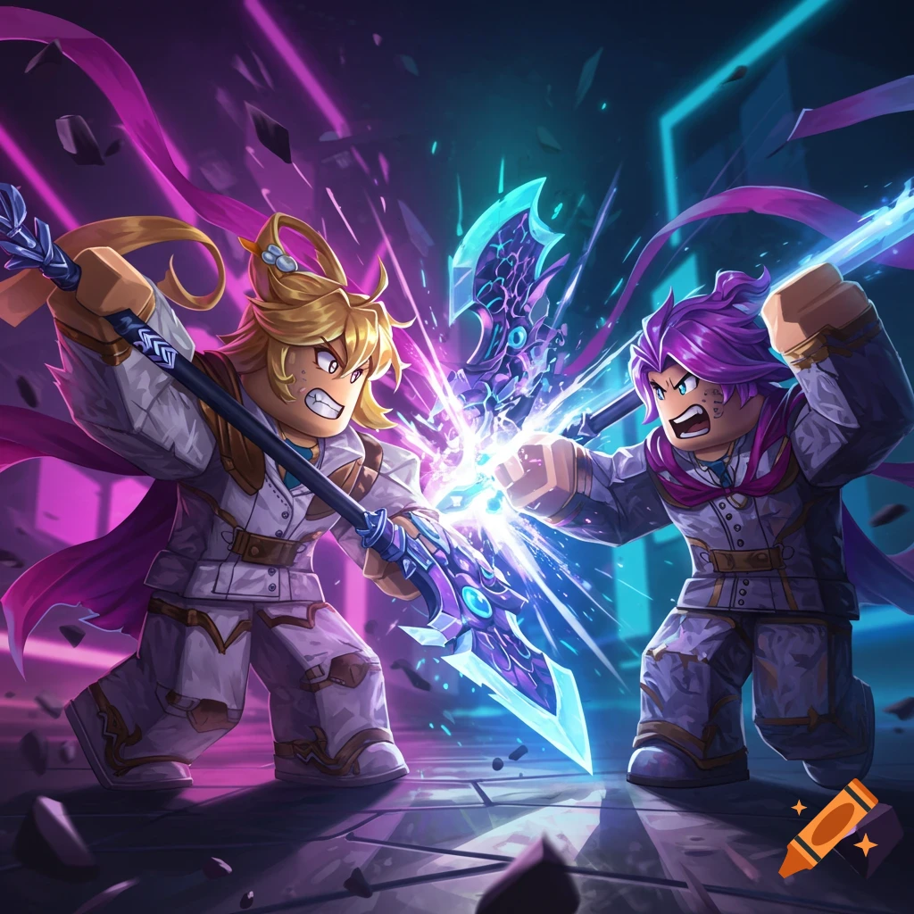 Two Roblox-style characters in anime outfits clash glowing weapons in a dynamic fantasy battle with purple and blue light effects.