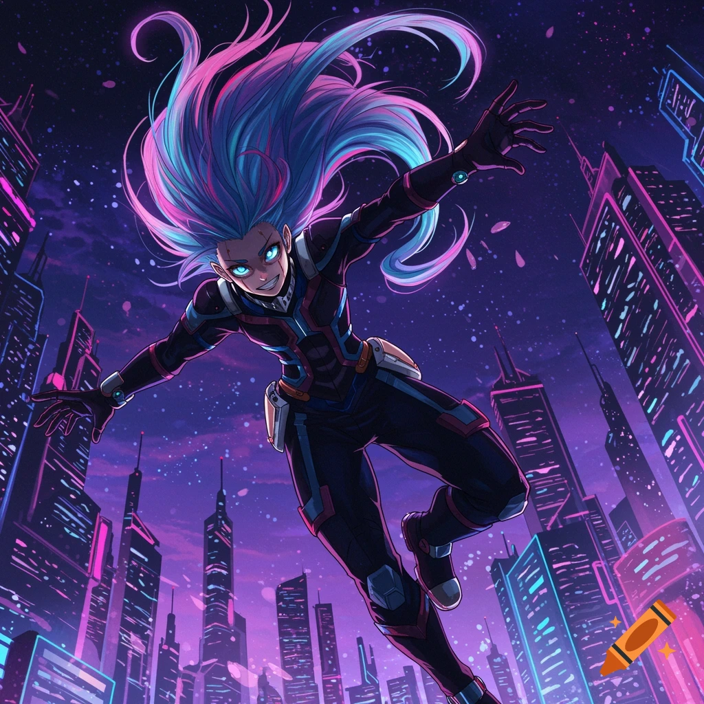 Anime character with vibrant blue and pink hair leaps through a futuristic neon city at night.