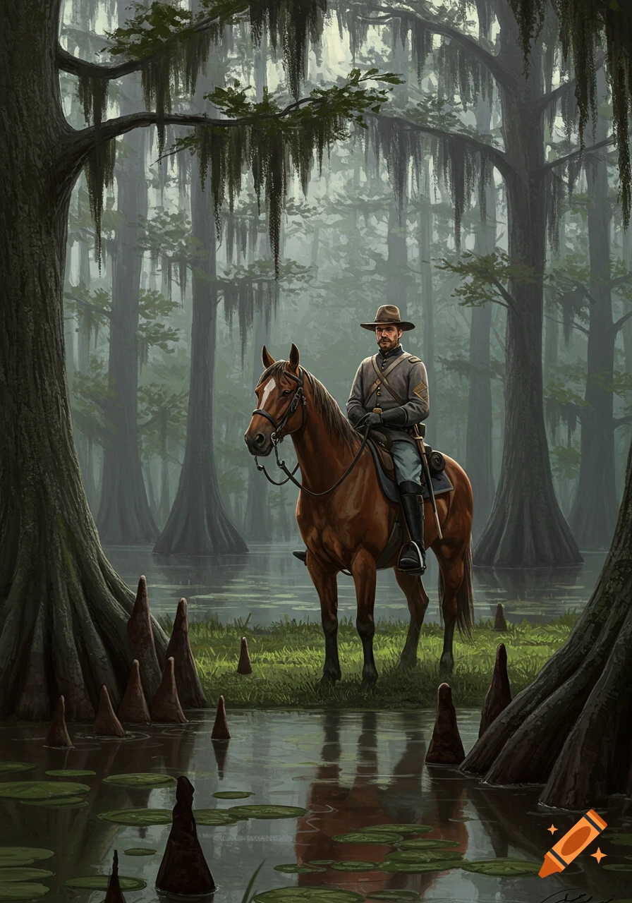 A Confederate soldier on horseback stands in a misty swamp surrounded by cypress trees and water in a digital painting.
