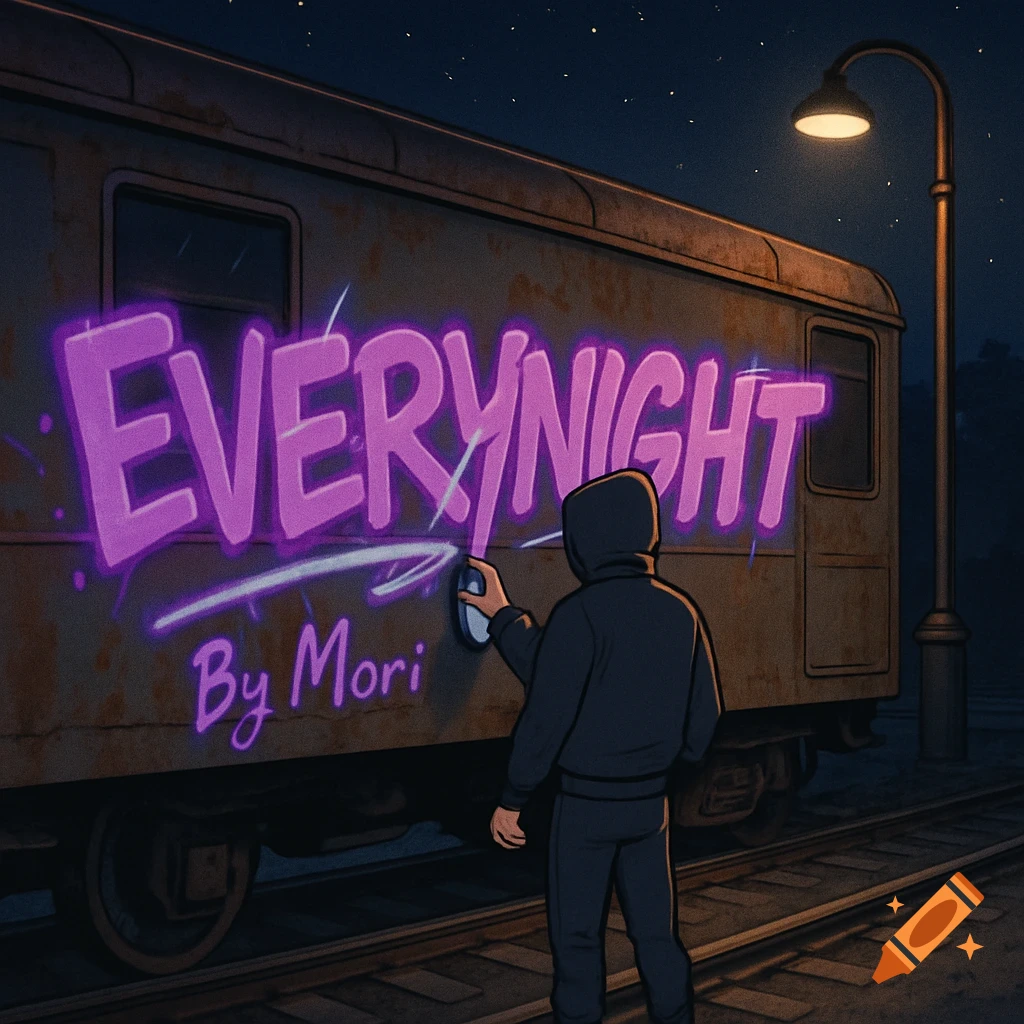 Cartoon of a person spray painting 'EVERYNIGHT By Mori' on a rusty train at night under a street lamp.