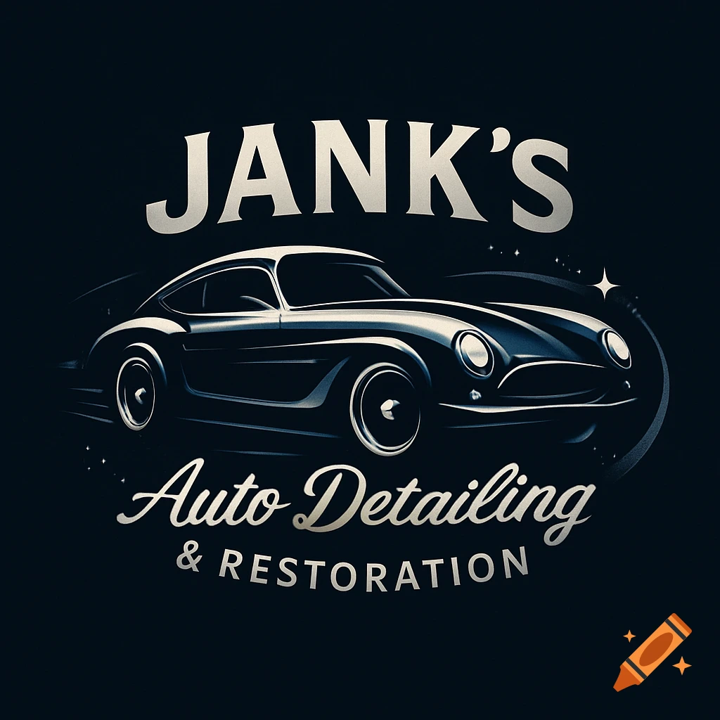 Logo for Jank's Auto Detailing & Restoration featuring a stylized classic dark blue sports car with shimmering accents.