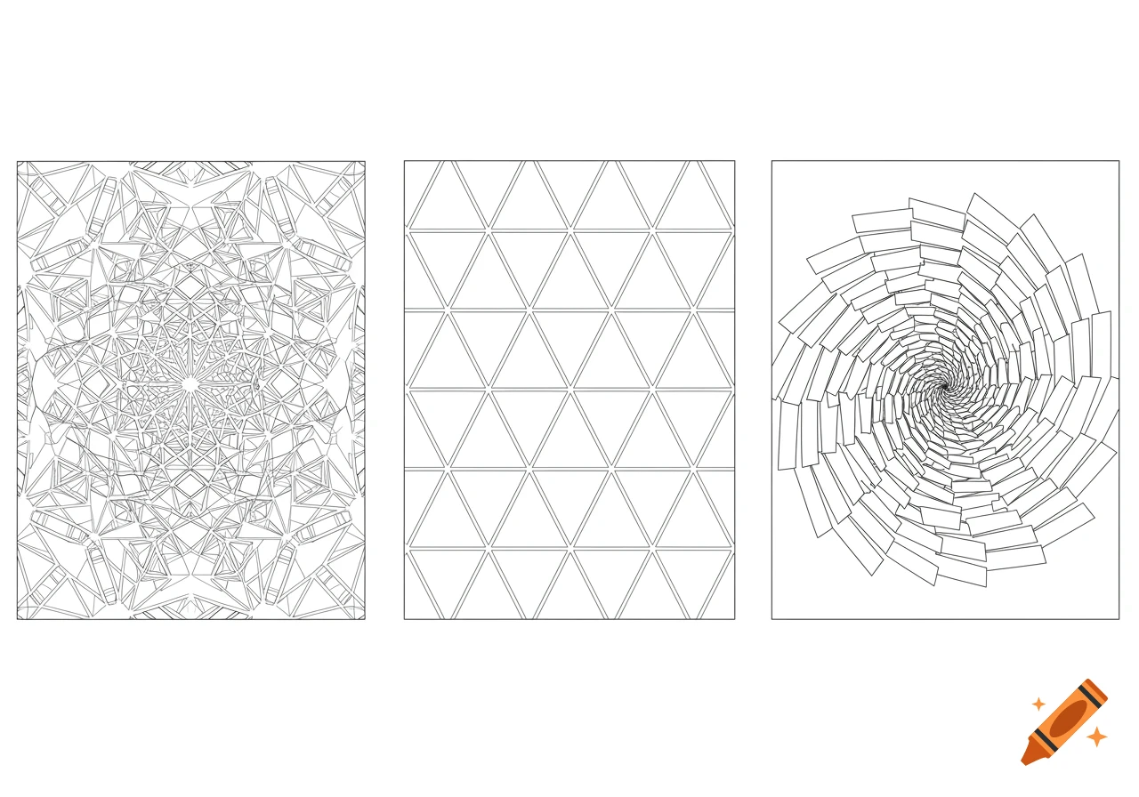 Three black and white geometric line art patterns: a radial abstract design, a grid of triangles, and a spiral of rectangles, suitable for a coloring book.