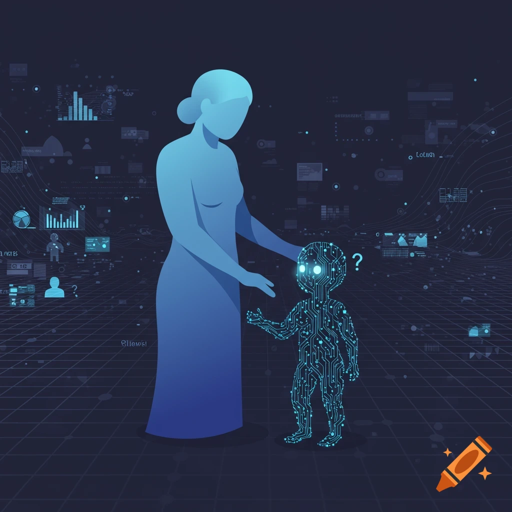 A stylized blue gradient woman stands with a smaller, glowing figure made of circuit board patterns, with a question mark by its head, against a dark background with flowing digital data.