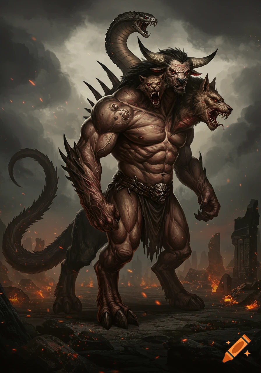 A grotesque, muscular multi-headed monster with a snake tail stands in a fiery, desolate landscape.