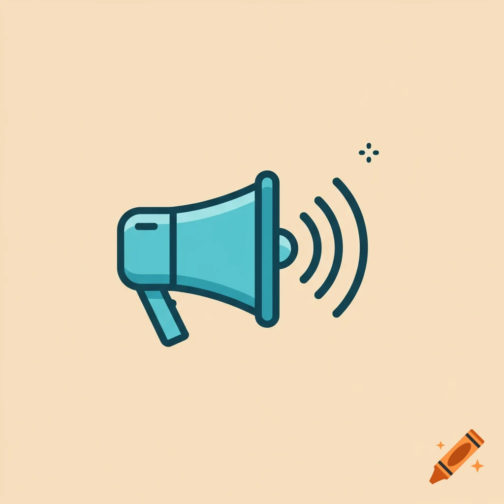 A minimalist teal megaphone icon with sound waves on a neutral beige background, in a flat design style.