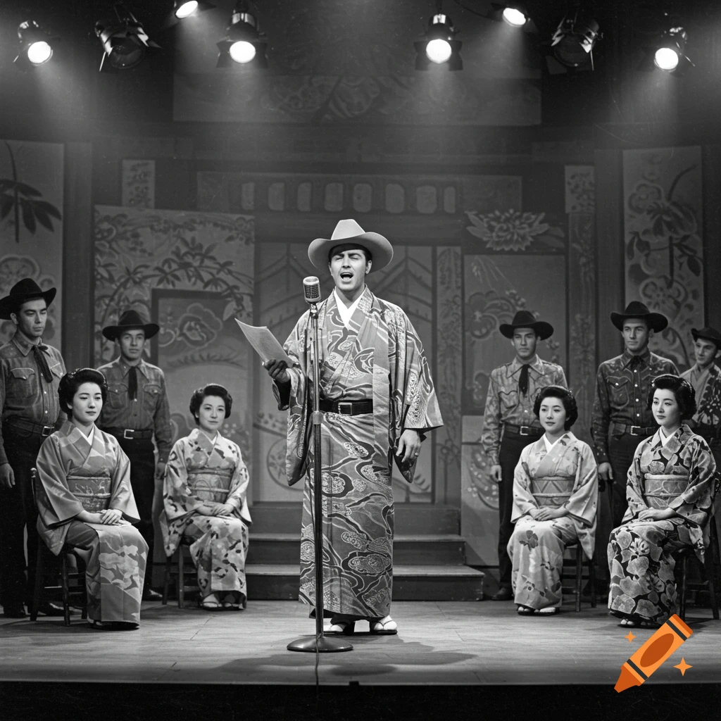 A black and white photo of a man in a cowboy hat and kimono singing into a microphone on stage, flanked by other cowboys and women in kimonos.