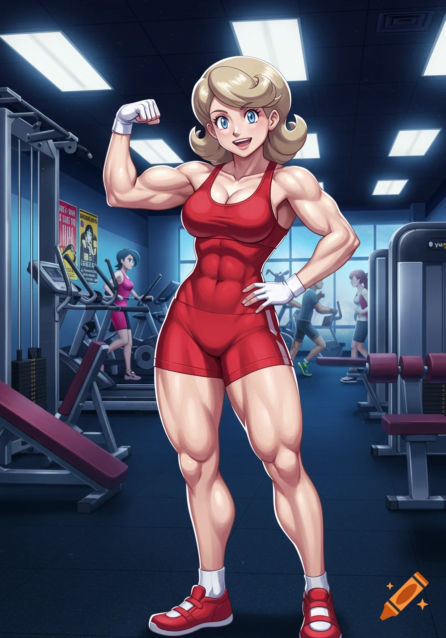 An anime-style muscular woman in a red outfit flexing her bicep in a gym.