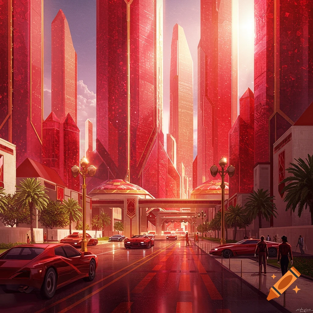 A vibrant futuristic city street featuring towering, shimmering red and gold crystalline skyscrapers, with red luxury cars and people on the wet pavement, reflecting the bright sky.