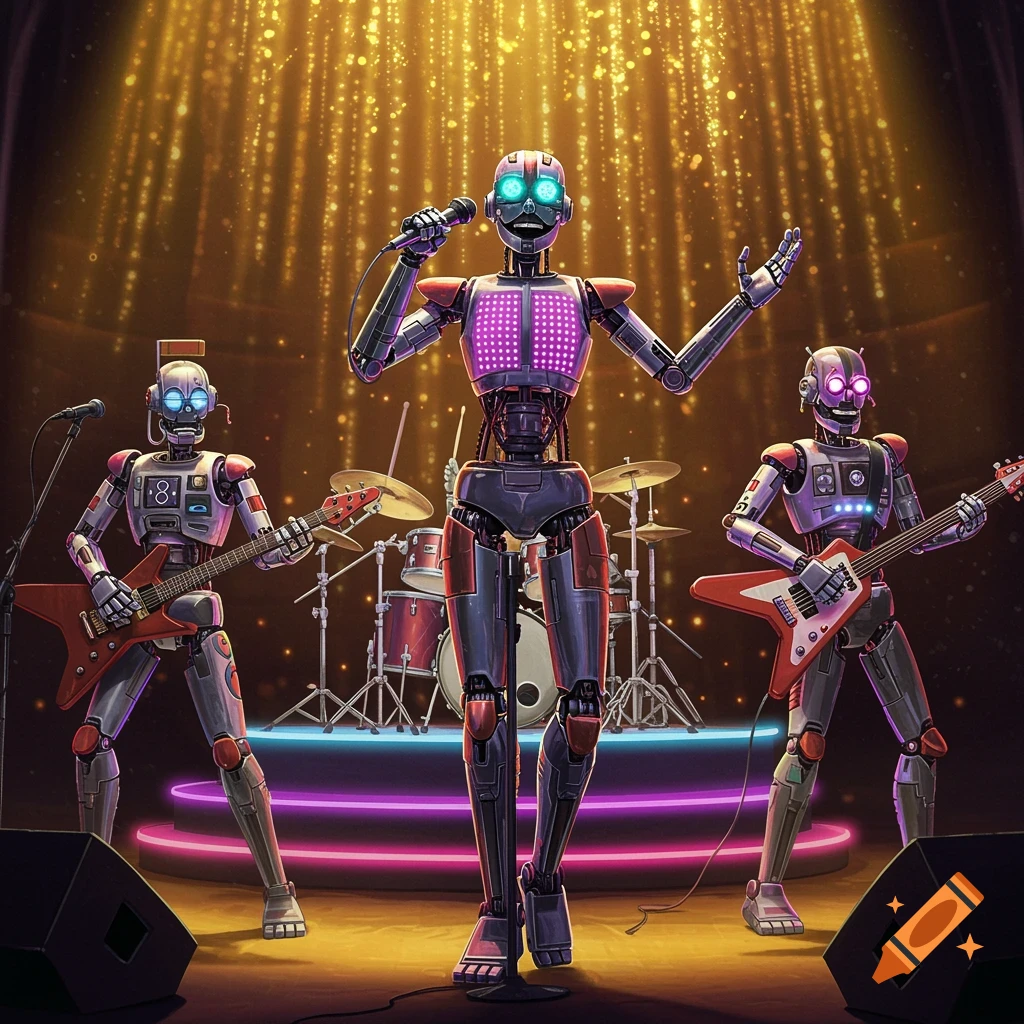 Three anthropomorphic robots perform as a band on a stage illuminated by bright golden spotlights and colorful neon rings.