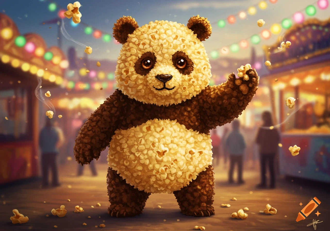 A cute panda made of popcorn stands smiling at a colorful carnival, with popcorn pieces floating and scattered around.