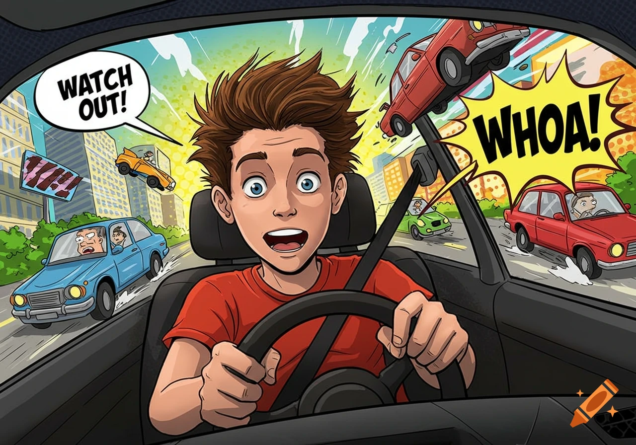 A comic-style illustration of a shocked teen driver looking forward as cars swerve and fly around him in a chaotic city street.