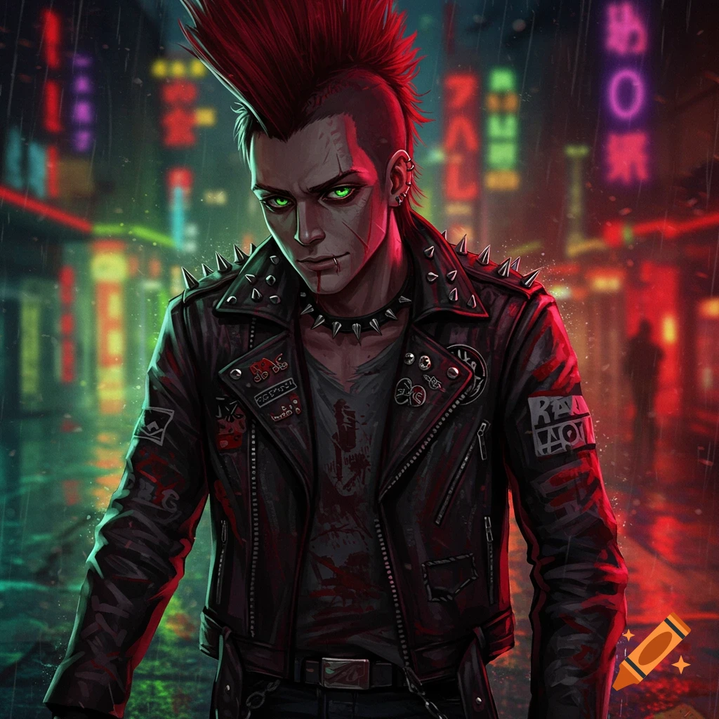 An anime-style male punk with a red mohawk, green glowing eyes, and a studded leather jacket, standing in a rainy cyberpunk city street with neon lights.