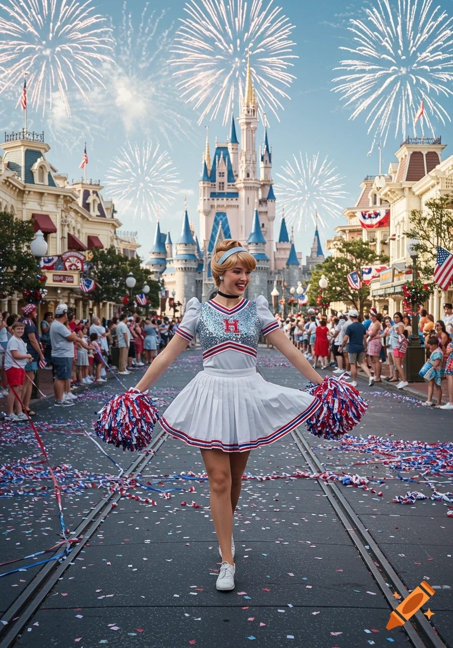 A woman dressed as Cinderella in a cheerleader outfit, holding pom-poms, walks down a street at Disney World during a fireworks display.