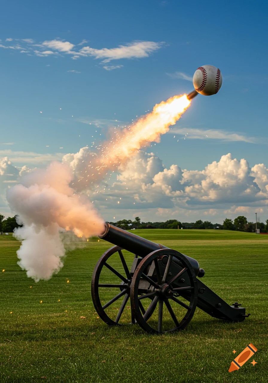 A cannon fires a baseball with a fiery trail and smoke across a green field under a blue sky.