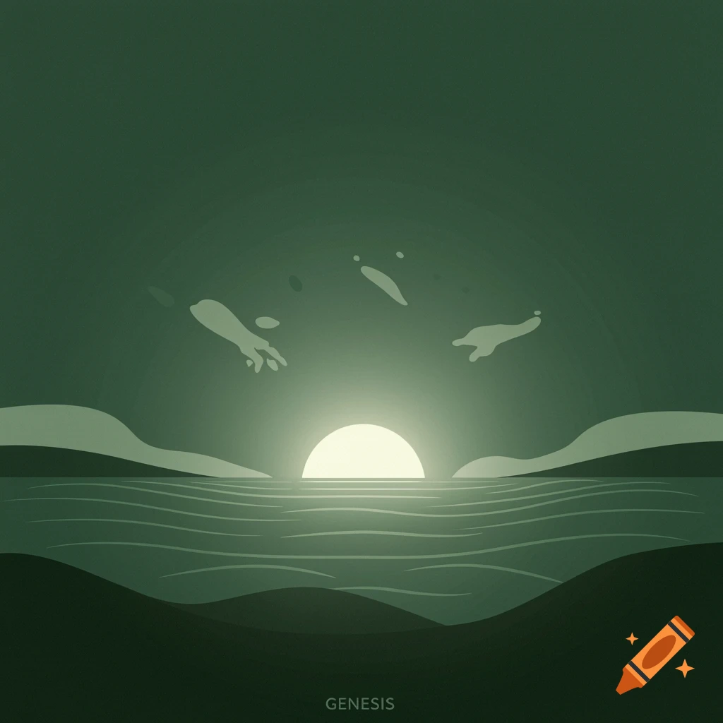 Minimalist illustration of a green sunset over water, with abstract hands floating in the sky.