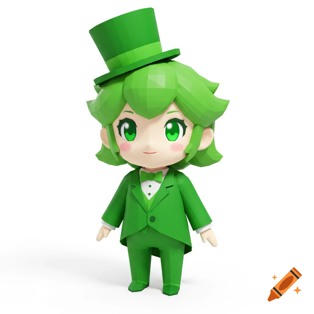 A low poly 3D render of a chibi character with green hair, green eyes, wearing a green tuxedo and top hat on a white background.
