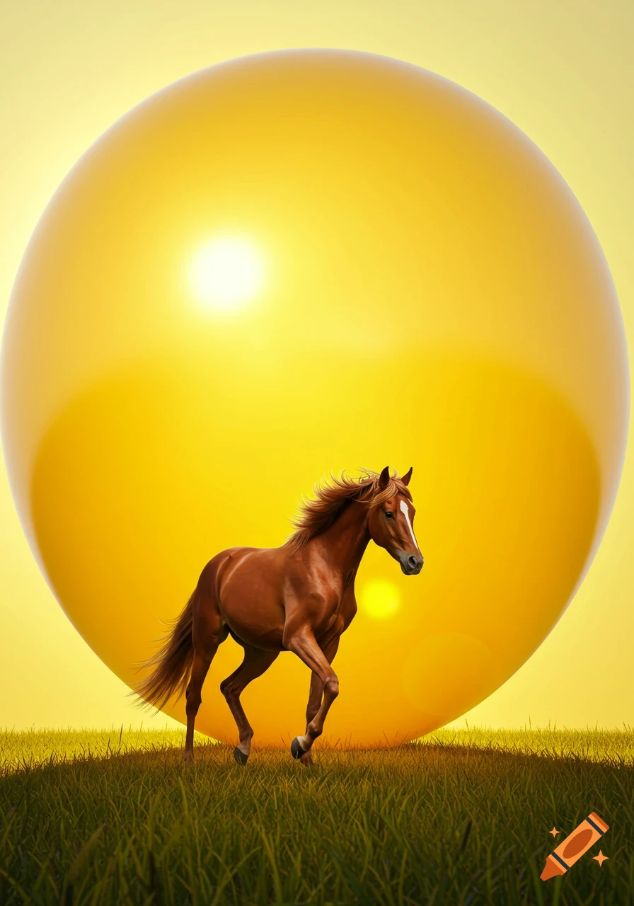 A photorealistic brown horse runs through green grass in front of a giant, glowing yellow sphere.