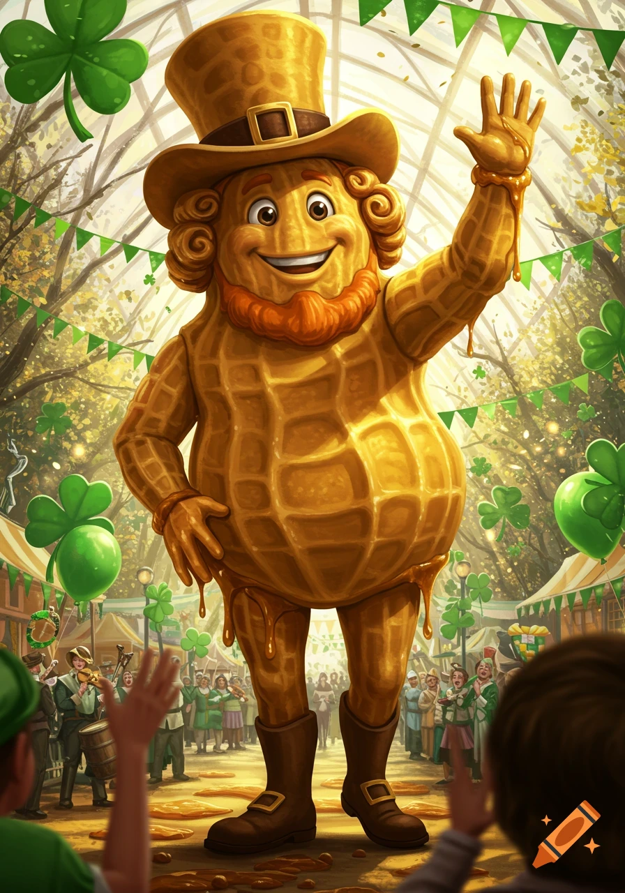 A cheerful cartoon peanut butter man in a leprechaun hat waves at a festive St. Patrick's Day market with shamrocks and green decorations.