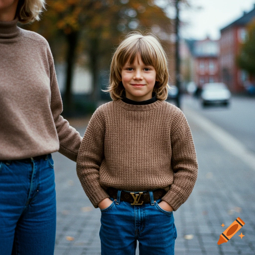 Photorealistic portrait of a young boy with long blonde hair, wearing a brown sweater, jeans, and an LV belt, standing on a street next to his mother.